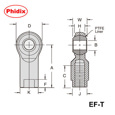 EM-T/EF-T シリーズ 2 パーツ PTFE ローニング ストッド エンド 低着用とコスト効率の良い保守のために電解のないニッケルプレート付きの自己潤滑設計